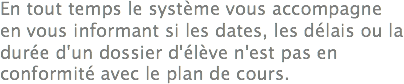 En tout temps le système vous accompagne en vous informant si les dates, les délais ou la durée d'un dossier d'élève n'est pas en conformité avec le plan de cours. 